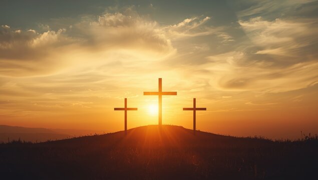 Sunrise over a hill with three crosses, highlighting spiritual significance and natural light