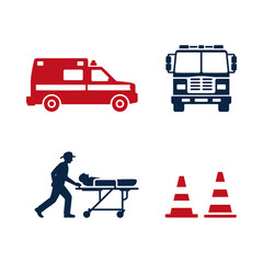 Emergency services and rescue transportation equipment silhouettes