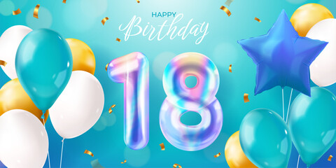 Birthday balloons. 18 years happy birthday party banner invitation card poster, realistic golden balloon event decoration coming of age celebration, exact vector illustration