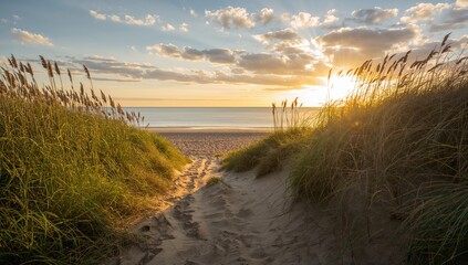 Obraz premium Sunset illuminates Baltic Sea shoreline with a sandy path, highlighting seasonal change and erosion concerns