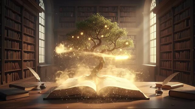 A mystical scene unfolds in a grand, ancient library, where an open book on a sturdy wooden desk becomes a source of wonder and enchantment. From its luminous pages, a small, vibrant tree with glowing
