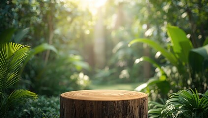 Wooden pedestal in lush tropical garden environment for organic product presentation, highlighting natural display techniques in seasonal outdoor settings, Earth Day