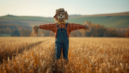 Scarecrow placed in a farmland setting serving as a natural pest deterrent for crop safety