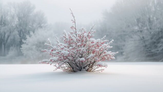 Snow-covered flowering currant shrub, winter landscape, seasonal change, holiday and observance not applicable