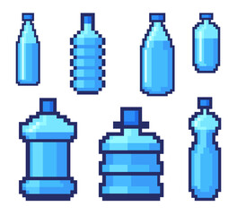 Pixel water bottles. Plastic bottle, mineral drink container 8 bit game pixelart vintage gaming icons, retro arcade machine assets aqua beverage containers neat vector illustration