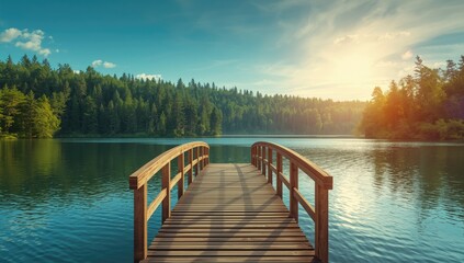Beautiful natural scene featuring dense greenery and calm water reflecting a bright summer sky, ideal for background use