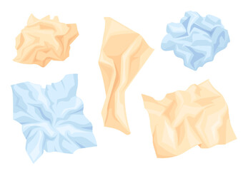 Crumpled paper balls. Cartoon crush paper sheets lumps, paperwaste trash notebook page crumple ball recycling waste crinkled sheet used napkins tissue, set neat vector illustration