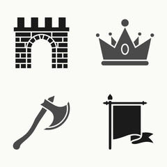 Medieval silhouette set with fortress gate, royal crown, battle axe, and heraldic banner