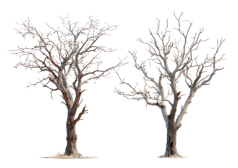 Two bare trees isolated against a black background, with visible branches and trunks