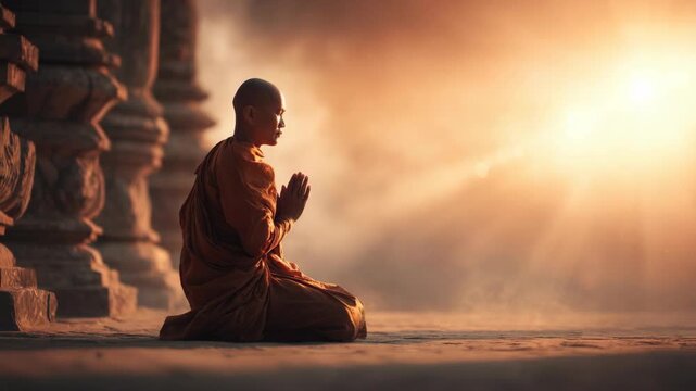 A serene monk meditating in a peaceful temple setting. The monk, dressed in a traditional robe, is deep in prayer. The image evokes a sense of tranquility and spiritual devotion