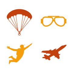 Collection of aviation and skydiving silhouettes with parachute canopy, pilot goggles, skydiver, and jet plane