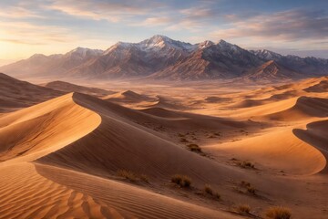 Naklejka premium Vast desert landscape featuring towering sand dunes and a grand mountain range beneath a calm sky