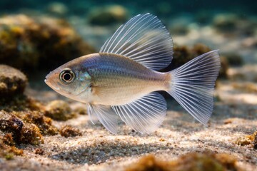 Fototapeta premium Shortfin fish with translucent fins in shallow waters