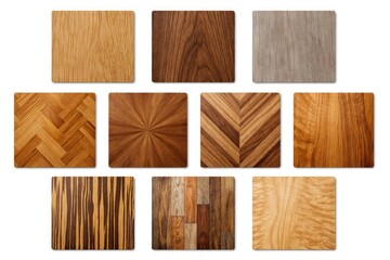 Multiple isolated wood veneer material samples showing different pattern textures and color blends