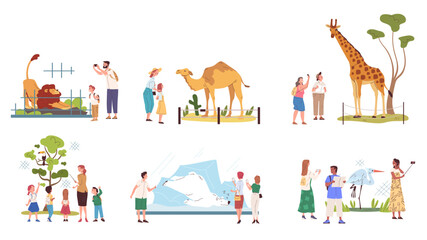 Naklejka premium People in zoo. Family looking on exotic wild animals behind enclosure fences, parents kids summer weekend take selfie photo african savanna park visit, classy vector illustration
