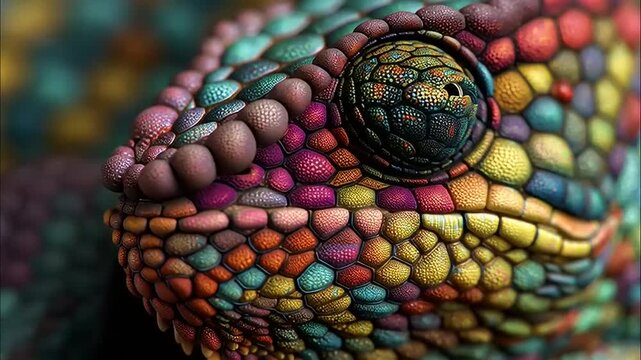 Chameleon head exhibits vibrant, multicolored scales and a highly detailed eye in a macro perspective.
