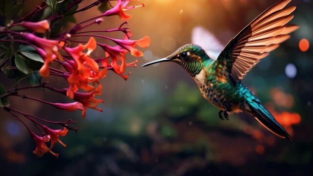 beautiful colorful colibri bird in nature landscape animation