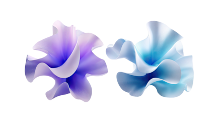 Two flowing, abstract petal-like shapes, one lavender, the other blue, against a black backdrop