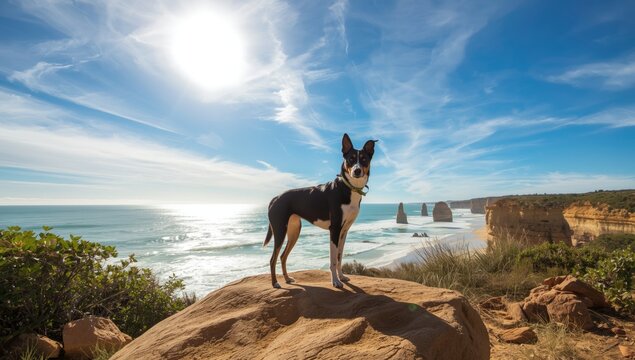 Kelpie herding livestock in remote rural landscape, focused on active farm work