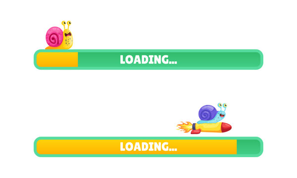 Snail loading bar. Load website line, fast internet speed concept slug moving on progress bar web computer ui slow waiting restart game level time cartoon kicky vector illustration
