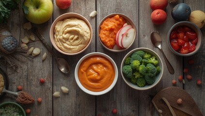 Baby food in bowls highlighting wholesome ingredients, ideal for feeding safety and hygiene, World Nutrition Day