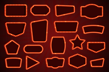 Retro cinema signboards. Vintage light box signages bulbs, movie theater vegas casino hollywood circus show theatre billboard night signboard frame shapes kicky vector illustration © ssstocker