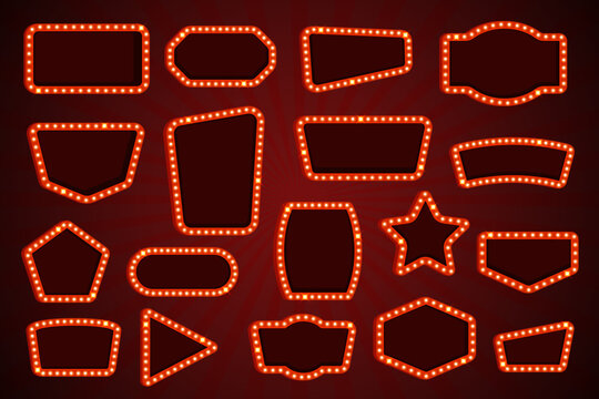 Retro cinema signboards. Vintage light box signages bulbs, movie theater vegas casino hollywood circus show theatre billboard night signboard frame shapes kicky vector illustration