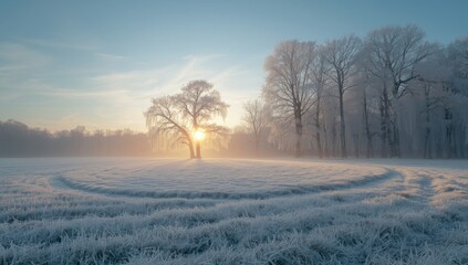 Bright winter dawn illuminating a forest edge bordering a frozen meadow during seasonal transition