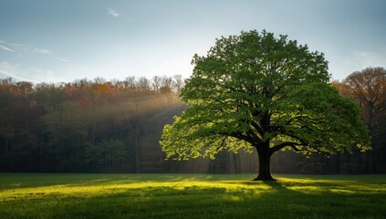 Sunlit forest scene with trees, grass, and landscape elements highlighting spring and autumn transition