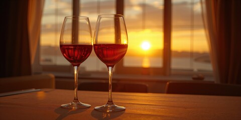 Elegant wine glasses with gold detailing on a stemware background during a sunset celebration, Restaurant setting