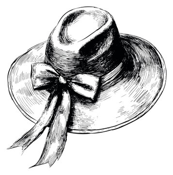 Hand drawn line art illustration of an elegant sun hat depicting vintage style for summer fashion