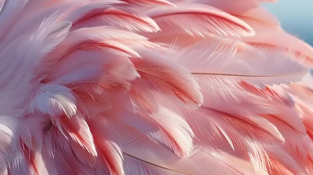 Flamingo plumage creates a delicate pattern of soft pink feathers in this detailed macro shot.