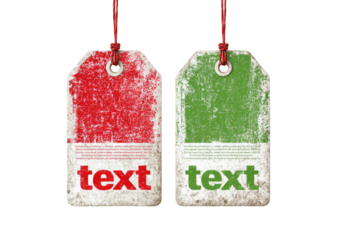 Two textured price tags, one red and one green, with text at the bottom and red string