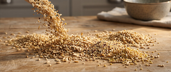 Pouring raw whole grains onto a rustic wooden table. Healthy mix of oats, barley, and wheat for breakfast cereal. Organic food ingredient background