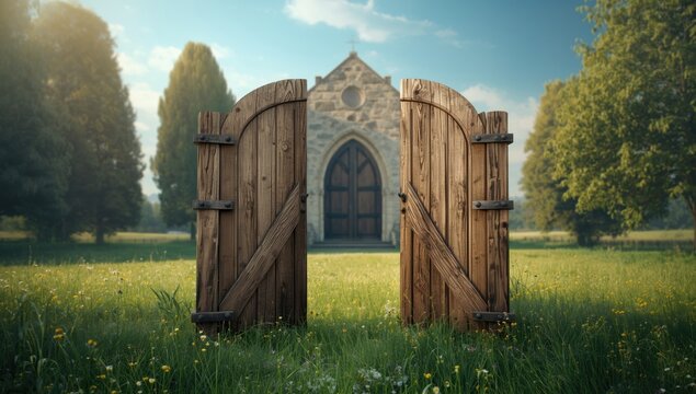 Entrance featuring wooden gates and stone doorway, serving as a heritage site background