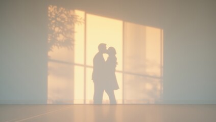 Obraz premium Bride and groom shadows embracing on a plain wall, romantic moment captured in silhouette