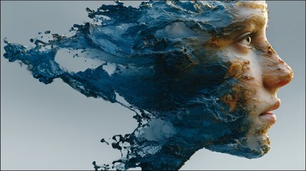 A dynamic profile shot depicts a human face conceptually formed from vibrant splashes of blue and orange liquid, capturing a moment of transformation, fluidity, and artistic deconstruction.