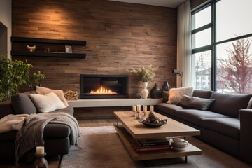 Fototapeta premium Modern living room featuring a warm fireplace, textured wood wall, and comfortable furniture