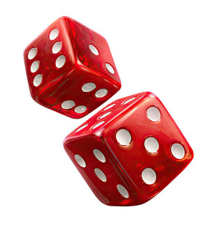 Two glossy red dice, one in mid-air, displaying white dots on black background