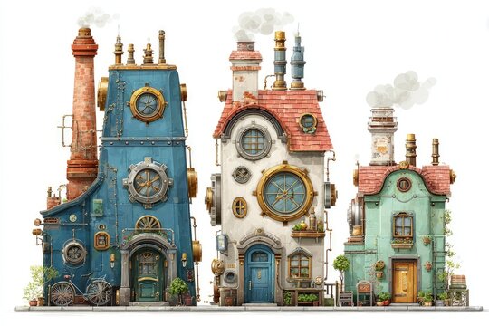 Set of steampunk cartoon house with brass pipes gear-shaped windows and smokestack isolated on white background
