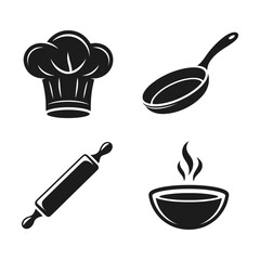 Kitchen silhouette icons with chef hat, frying pan, rolling pin and steaming bowl
