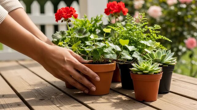 Woman with brown skin places potted red geranium and succulents on a wooden table, arranging plant for garden decoration