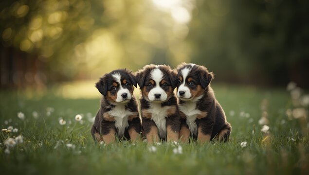Great Swiss Mountain dog puppies in natural setting, focusing on early canine development