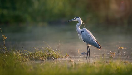 Fototapeta premium A birdwatcher observing a Silky Squacco Heron among wetland vegetation, highlighting wildlife appreciation, World Bird Day