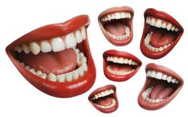 Collection of open mouths with white teeth isolated on transparent background