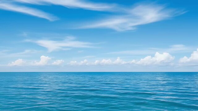 A serene and expansive view of the open ocean meeting a clear blue sky on the horizon. Gentle ripples dance across the vast surface of the turquoise water under a bright daytime sky dotted with soft w