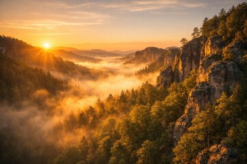 Sunrise creates glowing fog over valley and rocky cliffs with dense green trees