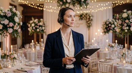 Caucasian woman event planner with headset and clipboard supervising wedding reception in decorated hall. Professional organization and hospitality management banner with copy space