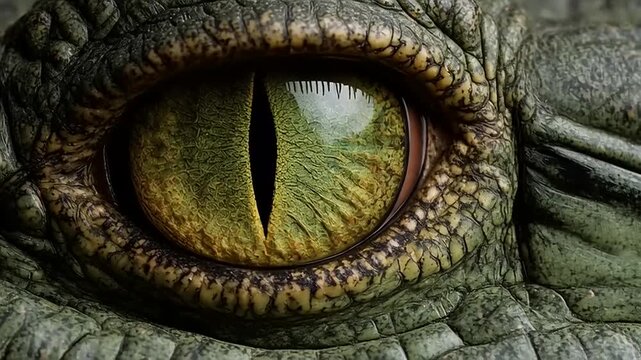 Crocodile eye with a vertical slit pupil is shown in a detailed close-up of its scaly skin.