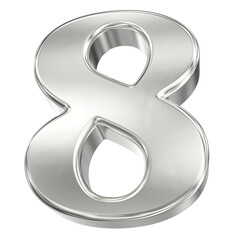Shiny chrome metallic 3D render of the number eight isolated against a clean black background for design elements.